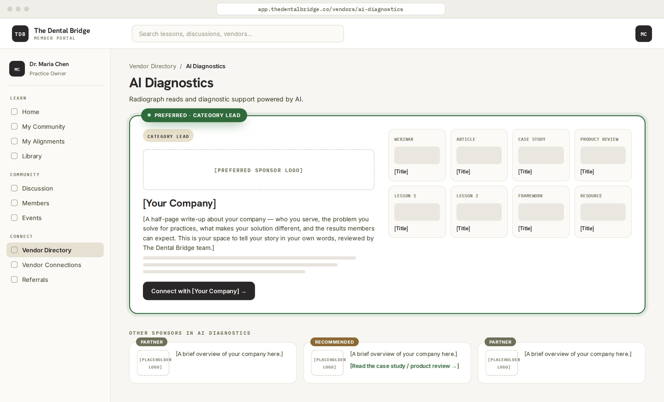 Mockup of the AI Diagnostics category page: category lead profile with content tiles and a connect button, plus Partner and Recommended directory cards below