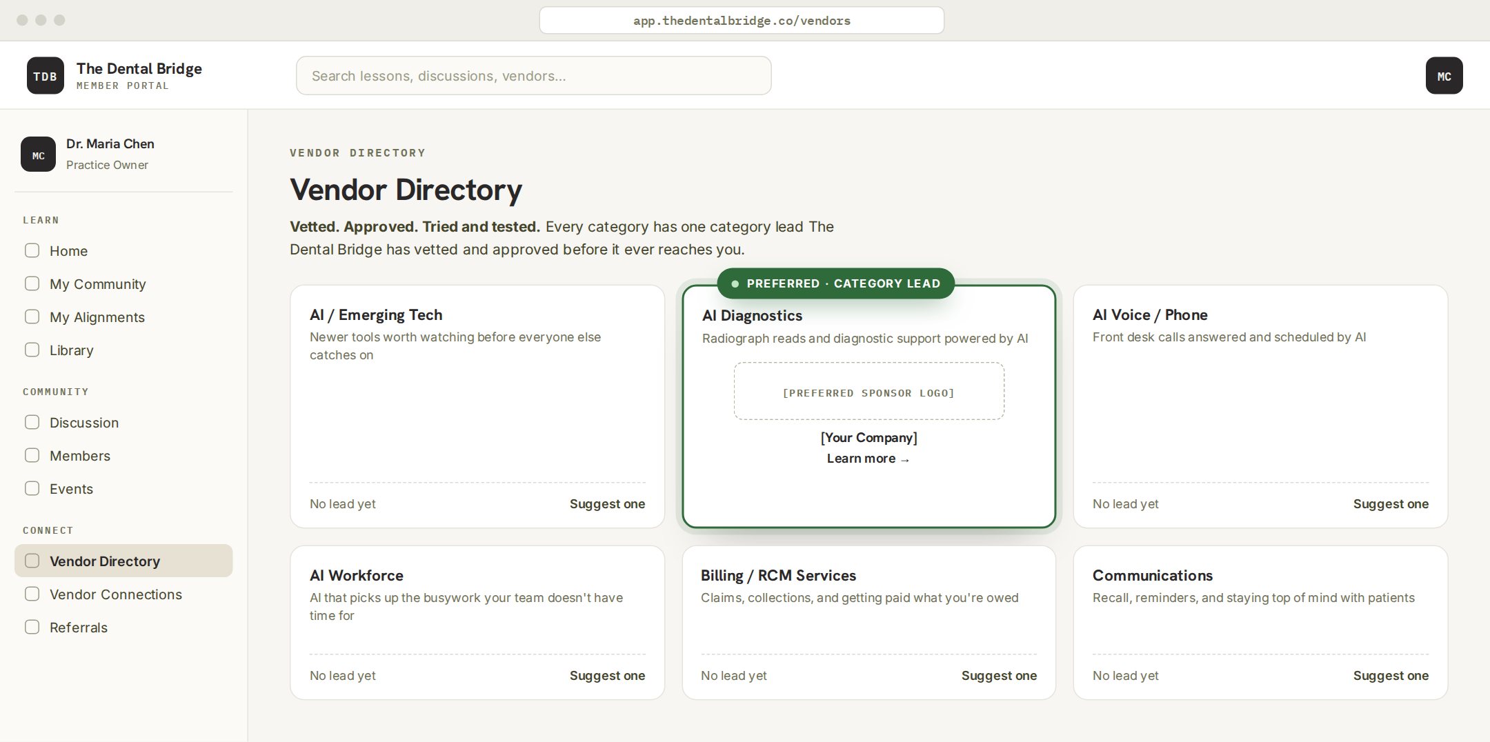 Mockup of the vendor directory with the AI Diagnostics category card showing a Preferred sponsor logo